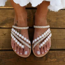 Women Petal Lace Pearl Flat Sandals