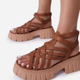 Women Platform Chunky Heels Cross Tie Ankle Buckle Sandals