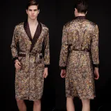 Men Satin Silk V-Neck Sleepwear Long Sleeve Printed Midi Robe Nightgown Pajamas