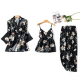 Women 3 Pieces Satin Silk Sleepwear Floral Printed Robe and Sling Top Pants Pajamas Set