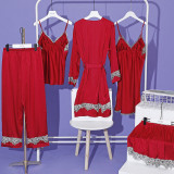 Women 5 Pieces Satin Silk Sleepwear Robe Sling Dress and Cami Top Shorts Pajamas Set