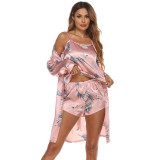 Women 3 Pieces Satin Silk Sleep Dress Sling Mini Dress and Robe Pajamas Set