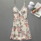Women Satin Silk Sleep Dress Floral Printed Sling Backless Dress Pajamas