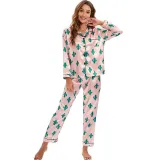 Women 2 Pieces Satin Silk Sleepwear Leopard Print Long Sleeve Shirt and Pants Pajamas