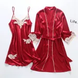 Women 2 Pieces Satin Silk Sleepwear Robe Nightgown and Sling Lace Dress Pajamas Set