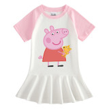 Girls Rainbow Cartoon Piggy With Doll Long And Short Sleeve Casual Skirt