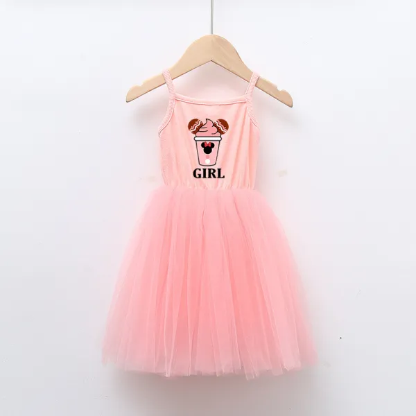 Girls Multicolor Puffy Slip Cartoon Mouse Drinks Sleeveless Dress