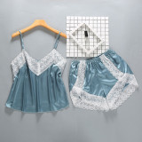 Women 2 Pieces Satin Silk Sleepwear Sling Lace Cami Top and Mini Shorts