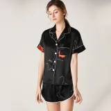 Women 2 Pieces Silk Printed Short Sleeve Shirt and Shorts Pajamas Set