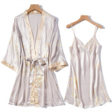 Women 2 Pieces Satin Silk Sleepwear Long Sleeve Robe Nightgown and Sling Sleep Dress Pajamas Set