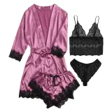 Women 4 Pieces Satin Silk Sleepwear Nightgown Lace with Lingerie Pajamas Set