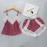 Women 2 Pieces Satin Silk Sleepwear Sling Lace Cami Top and Mini Shorts