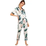 Women 2 Pieces Satin Silk Sleepwear Palm Printed Short Sleeve Shirt and Pants Pajamas Set