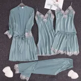 Women 5 Pieces Satin Silk Sleepwear Sling Sleep Dress and Robe Pajamas Set