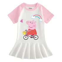 Girls Rainbow Cartoon Piggy With Rainbow Long And Short Sleeve Casual Skirt