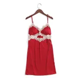 Women Satin Silk Sleep Dress Embroidery Sling V-Neck Lace Mini Dress Pajamas