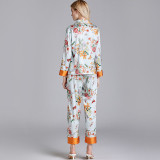 Women Satin Silk Sleepwear Long Sleeve Button Shirt and Pants Floral Printed Pajamas Set
