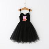 Girls Multicolor Puffy Slip Cartoon Piggy With Doll Sleeveless Dress