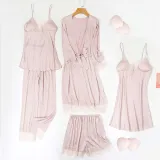 Women 5 Pieces Satin Silk Sleepwear Robe and Sling Dress Pajamas Set