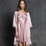 Women 2 Pieces Satin Silk Sleep Dress Sling Bowknot Mini Dress and Three-Quarter Sleeve Robe Pajamas