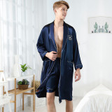 Men 2 Pieces Satin Silk Sleepwear Long Sleeve Robe Nightgown and Shorts Pajamas Set