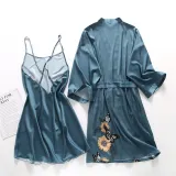 Women 2 Pieces Satin Silk Sleepwear Butterfly Printed Robe Nightgown and Backless Sleep Dress Pajamas Set