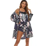 Women 3 Pieces Satin Silk Sleep Dress Sling Mini Dress and Robe Pajamas Set