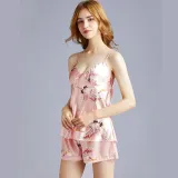 Women 2 Pieces Satin Silk Sleepwear Sling Top and Shorts Pajamas Set