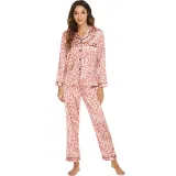 Women 2 Pieces Satin Silk Sleepwear Leopard Print Long Sleeve Shirt and Pants Pajamas
