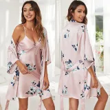 Women 2 Pieces Satin Silk Sleep Dress Sleeveless Sling Mini Dress and Robe Pajamas Set