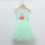 Girls Multicolor Puffy Slip Cartoon Piggy With Doll Sleeveless Dress