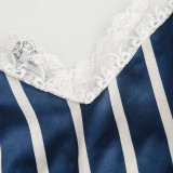 Women 2 Pieces Satin Silk Sleepwear Striped Sling Cami Top and Shorts Pajamas Set