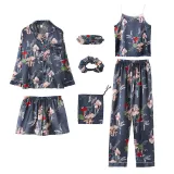 Women 7 Pieces Satin Silk Sleepwear Cami Tops and Long Sleeve Shiet with Eye Mask Pajamas Set