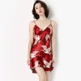 Women Satin Silk Sleepwear Sling Printed V-Neck Sleep Dress Pajamas