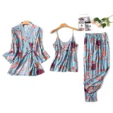 Women 3 Pieces Satin Silk Sleepwear Floral Printed Robe and Sling Top Pants Pajamas Set