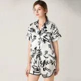 Women 2 Pieces Silk Printed Short Sleeve Shirt and Shorts Pajamas Set
