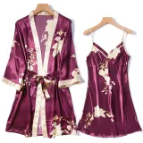 Women 2 Pieces Satin Silk Sleepwear Long Sleeve Robe Nightgown and Sling Sleep Dress Pajamas Set