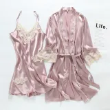 Women 2 Pieces Satin Silk Sleepwear Robe Nightgown and Sling Lace Dress Pajamas Set