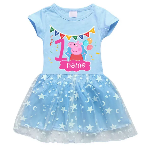 Girls Yarn Skirt Name Custom Birthday Celebration Cartoon Piggy Long And Short Sleeve Dress
