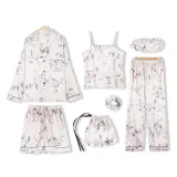 Women 7 Pieces Satin Silk Sleepwear Cami Tops and Long Sleeve Shiet with Eye Mask Pajamas Set