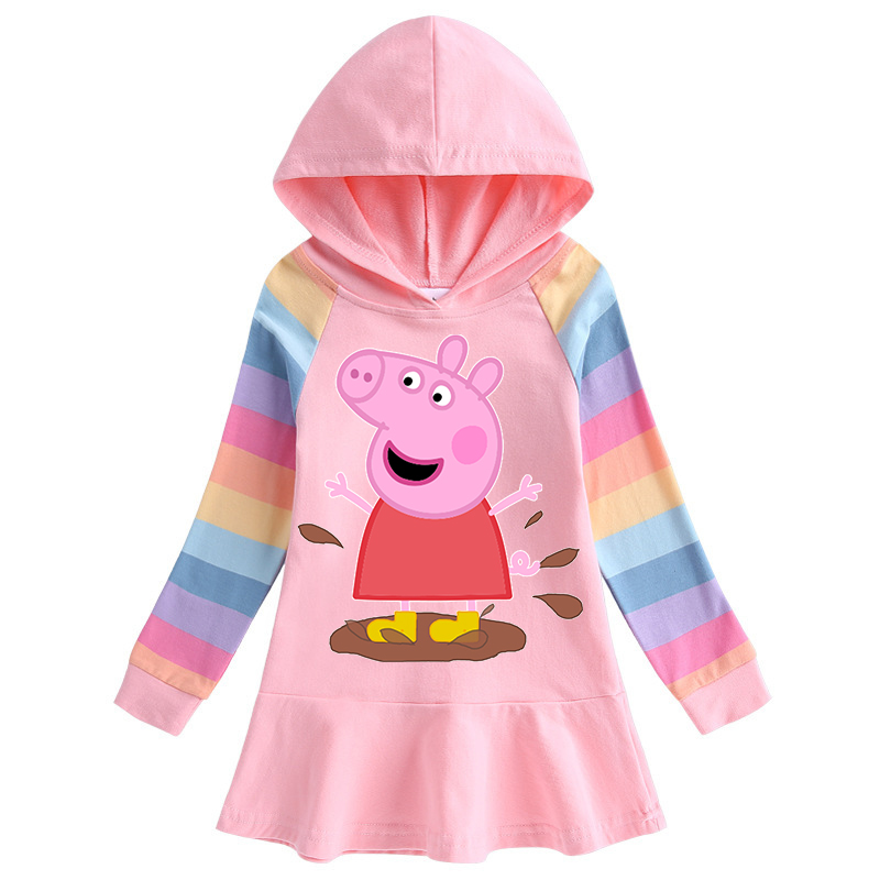 Girls Rainbow Cartoon Happy Piggy Long And Short Sleeve Casual Skirt