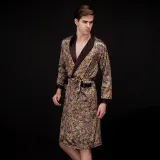 Men Satin Silk V-Neck Sleepwear Long Sleeve Printed Midi Robe Nightgown Pajamas