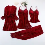 Women 4 Pieces Gold Velvet Sleepwear Cami Top and Pants Robe Pajamas Set