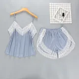 Women 2 Pieces Satin Silk Sleepwear Sling Lace Cami Top and Mini Shorts