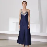 Women Sling Sleeveless Lace V-Neck Sleepwear Solid Color Silk Maxi Dress Pajamas