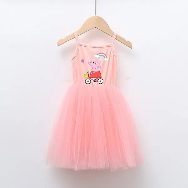 Girls Multicolor Puffy Slip Cartoon Piggy With Rainbow Tutu Dress