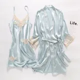 Women 2 Pieces Satin Silk Sleepwear Robe Nightgown and Sling Lace Dress Pajamas Set
