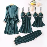 Women 4 Pieces Satin Silk Sleepwear Lace Robe Nightgown and Cami Tops Pants Pajamas Set
