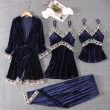 Women 4 Pieces Gold Velvet Sleepwear Lace Sling Dress and Tops Pajamas Set