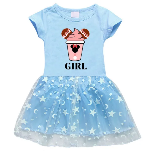 Girls Yarn Skirt Cartoon Mouse Drinks Long And Short Sleeve Dress